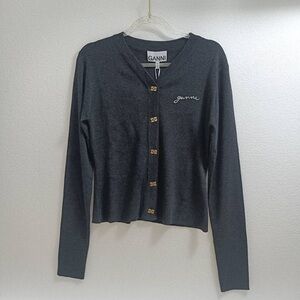 Ganni Dark Gray Cardigan with Gold Buttons